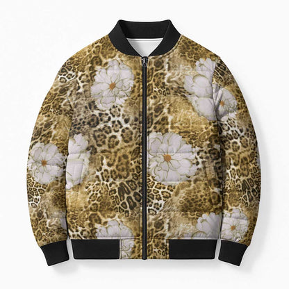 African Leopard Floral Pattern Bomber Puffer Jacket Savannah Gold