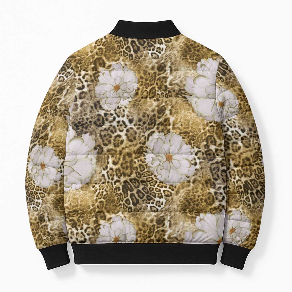 African Leopard Floral Pattern Bomber Puffer Jacket Savannah Gold