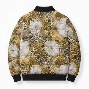 African Leopard Floral Pattern Bomber Puffer Jacket Savannah Gold