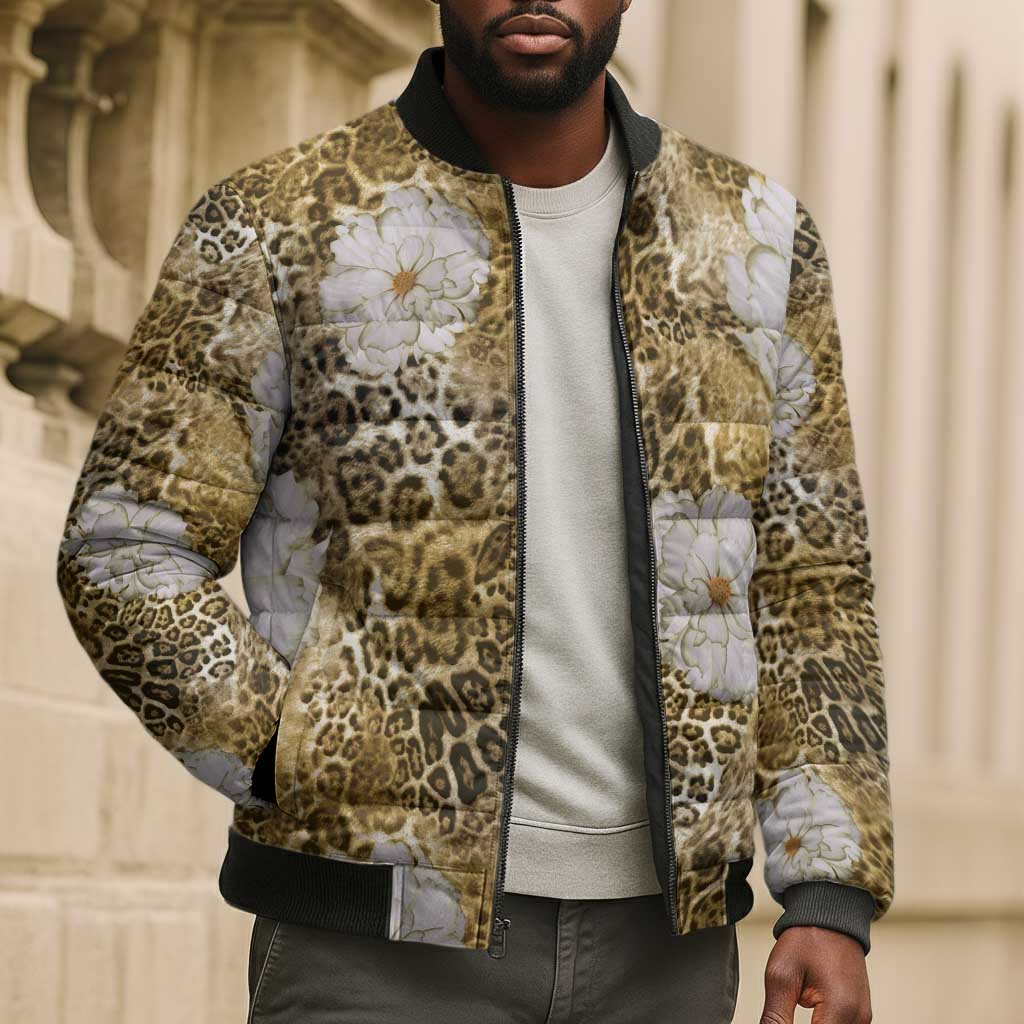 African Leopard Floral Pattern Bomber Puffer Jacket Savannah Gold