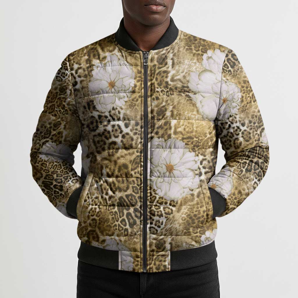 African Leopard Floral Pattern Bomber Puffer Jacket Savannah Gold