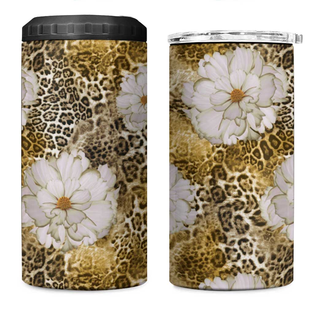African Leopard Floral Pattern 4 in 1 Can Cooler Tumbler Savannah Gold