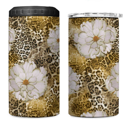 African Leopard Floral Pattern 4 in 1 Can Cooler Tumbler Savannah Gold