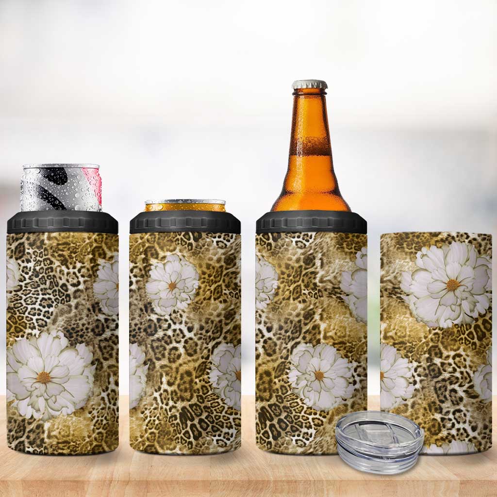 African Leopard Floral Pattern 4 in 1 Can Cooler Tumbler Savannah Gold