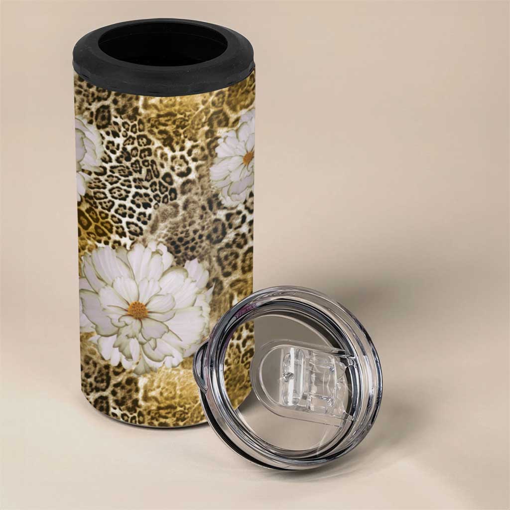 African Leopard Floral Pattern 4 in 1 Can Cooler Tumbler Savannah Gold
