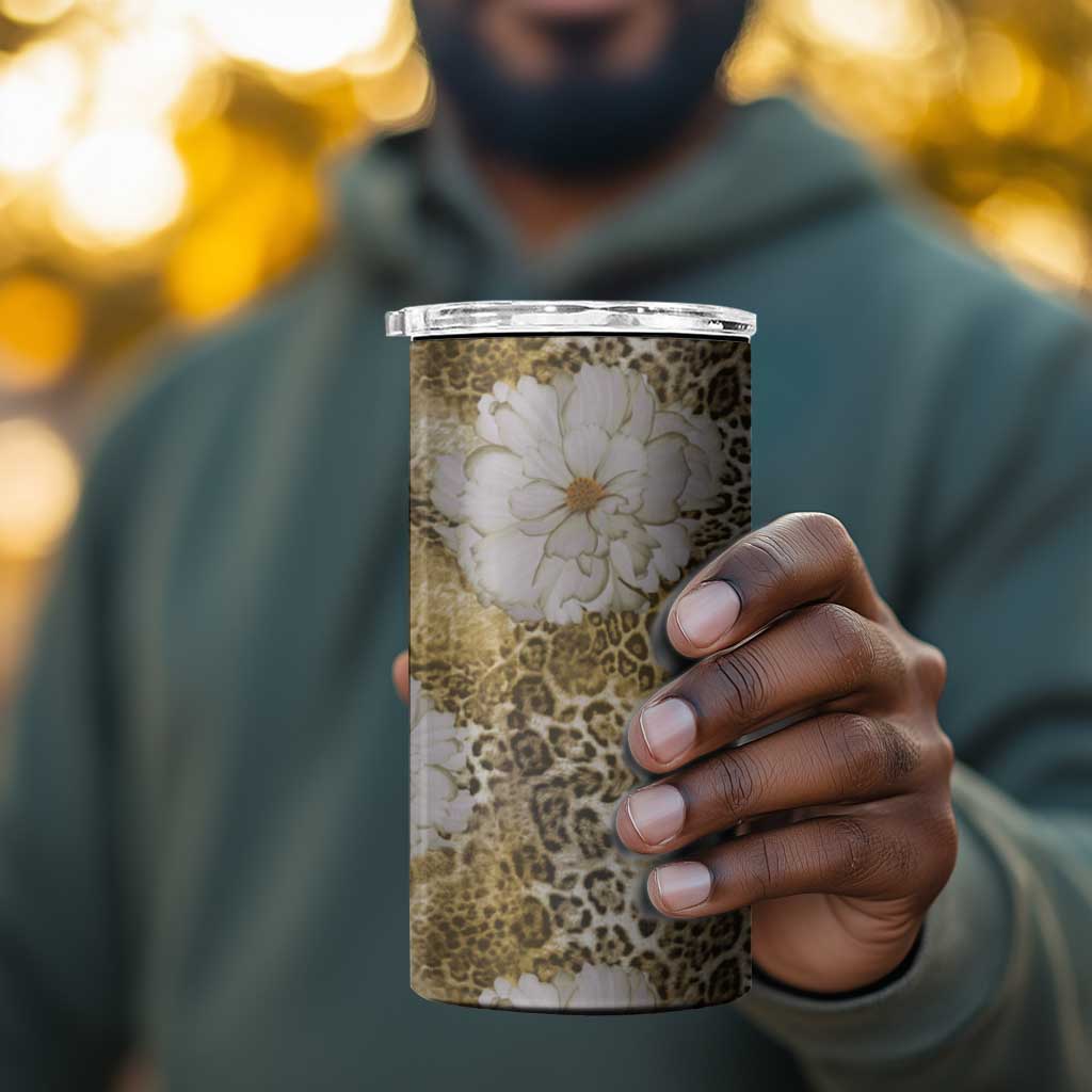 African Leopard Floral Pattern 4 in 1 Can Cooler Tumbler Savannah Gold