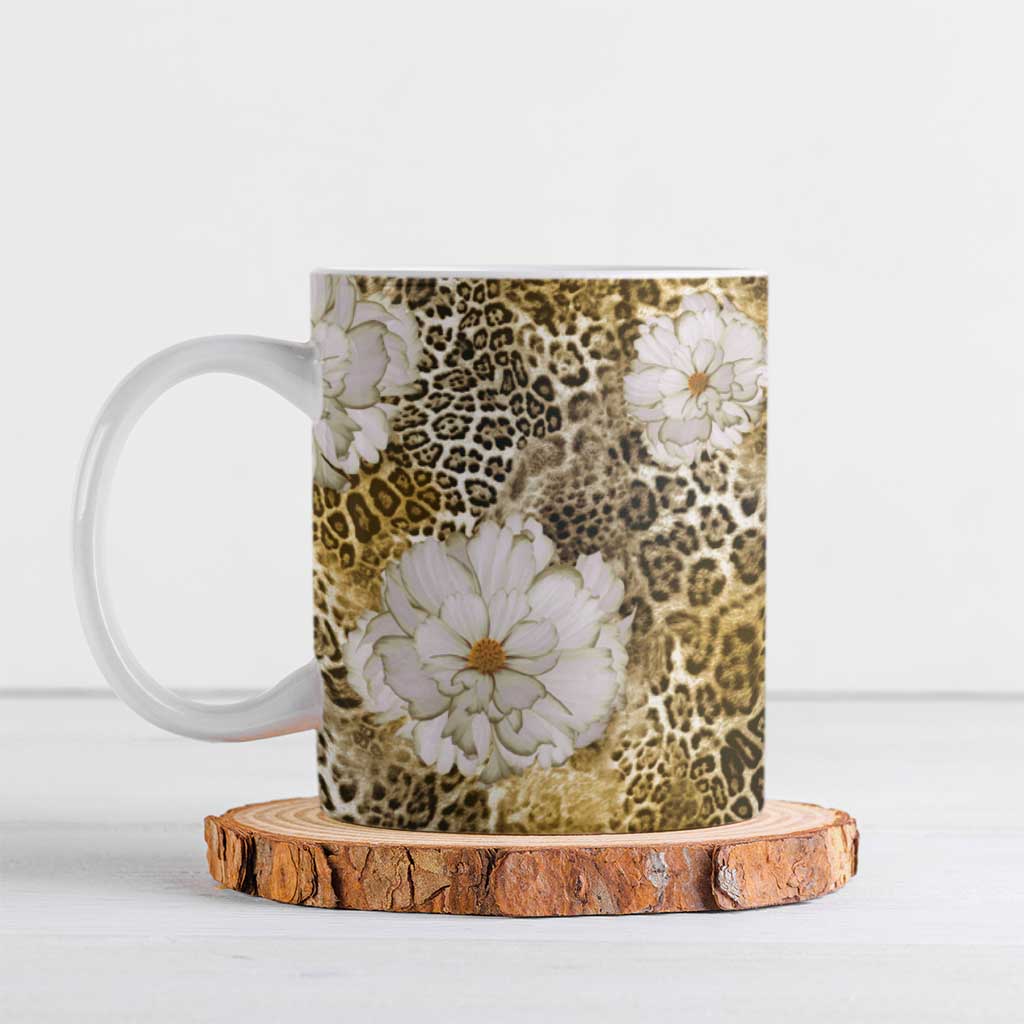 African Leopard Floral Pattern Ceramic Mug Savannah Gold