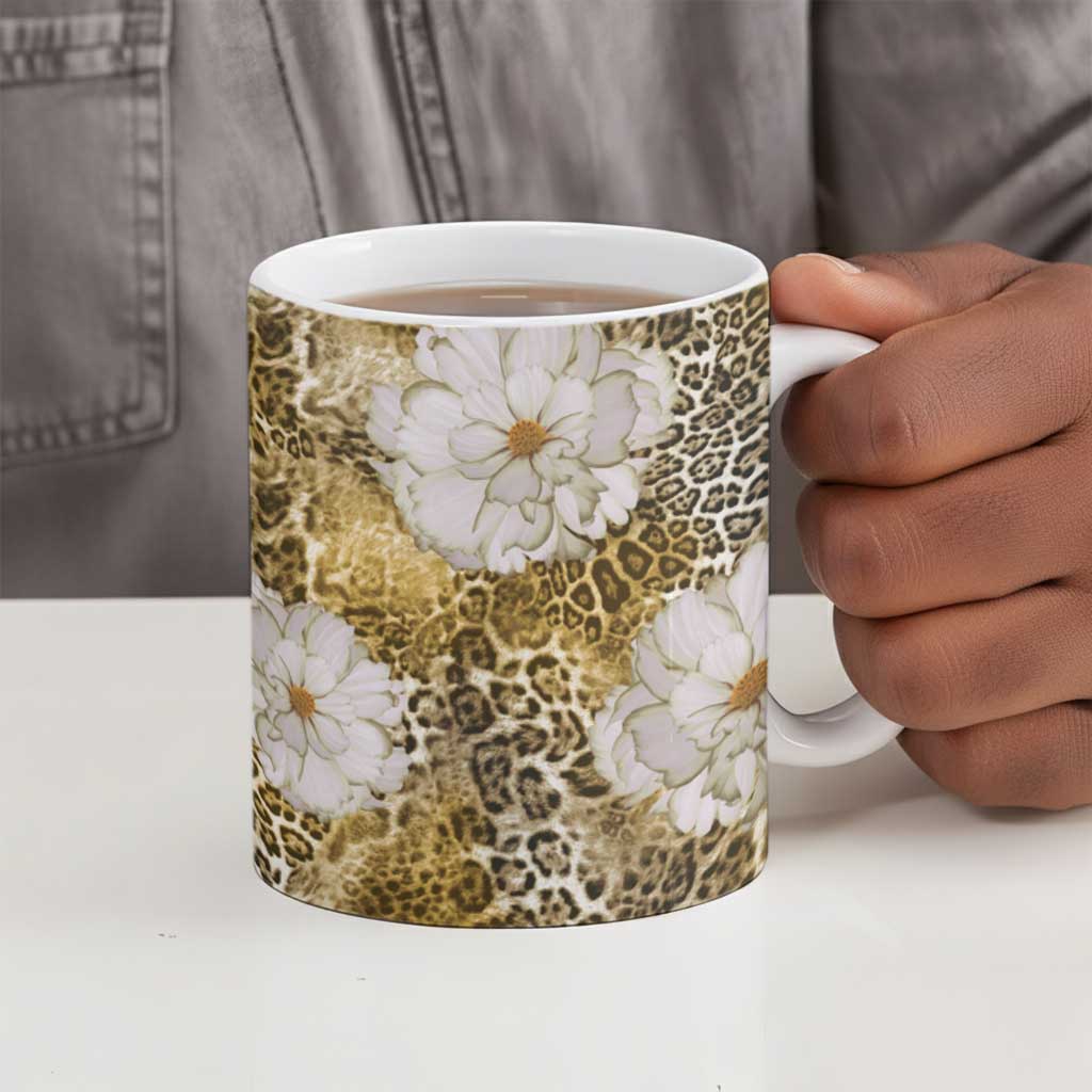 African Leopard Floral Pattern Ceramic Mug Savannah Gold