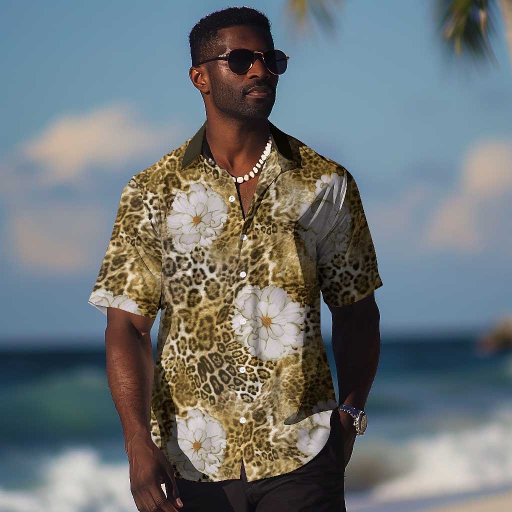 African Leopard Floral Pattern Hawaiian Shirt Savannah Gold