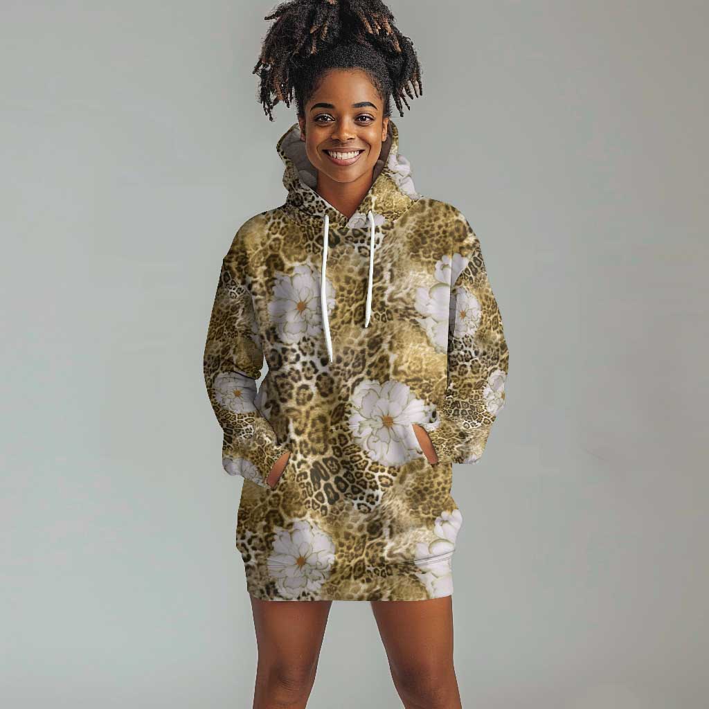 African Leopard Floral Pattern Hoodie Dress Savannah Gold