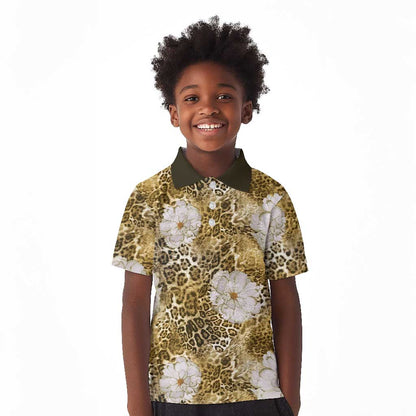 African Leopard Floral Pattern Kid Polo Shirt Savannah Gold