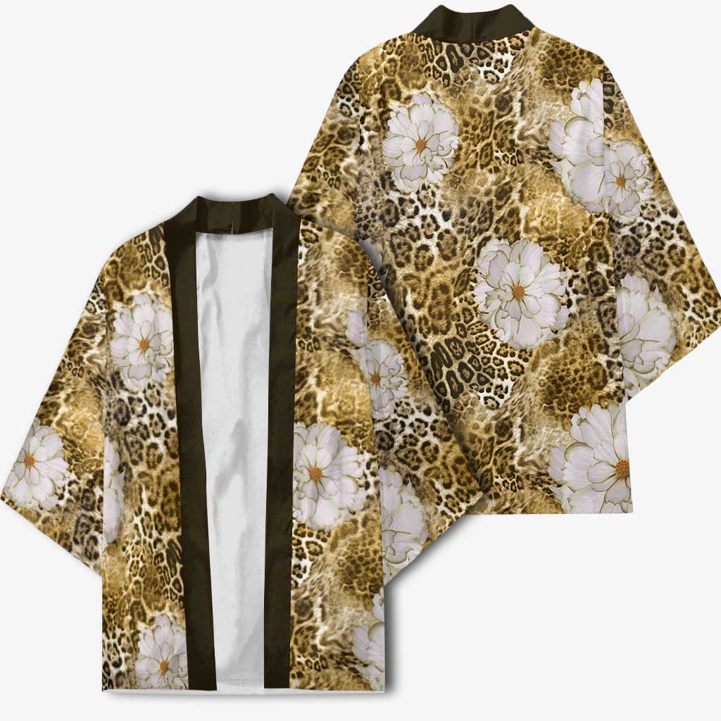 African Leopard Floral Pattern Kimono Savannah Gold