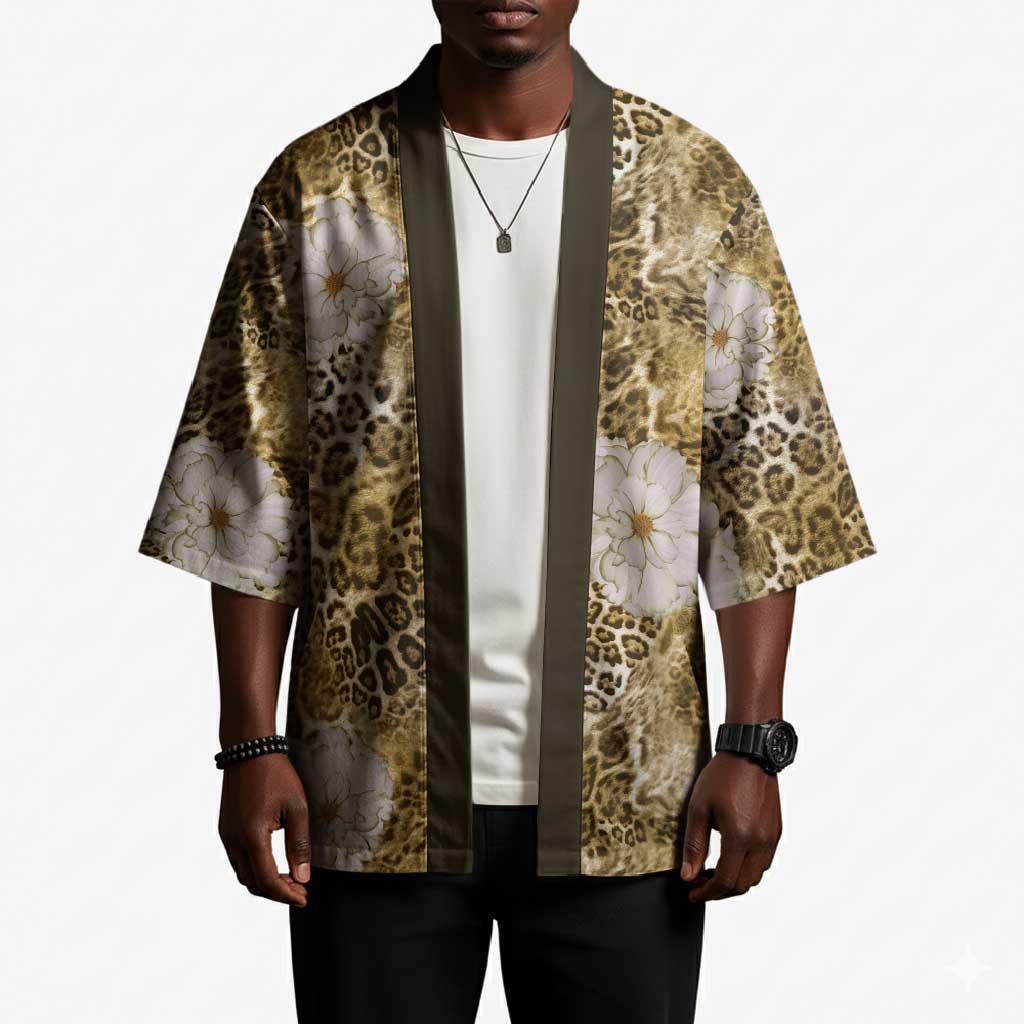 African Leopard Floral Pattern Kimono Savannah Gold