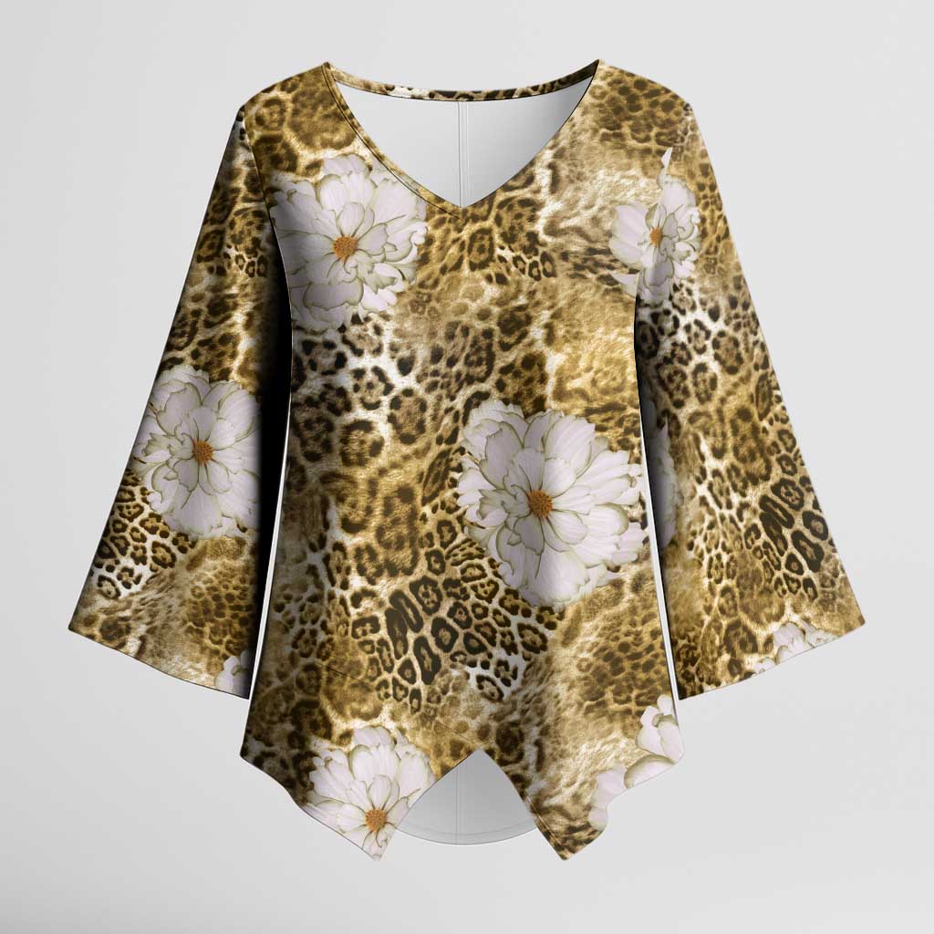 African Leopard Floral Pattern Kimono Sleeve Blouse Savannah Gold