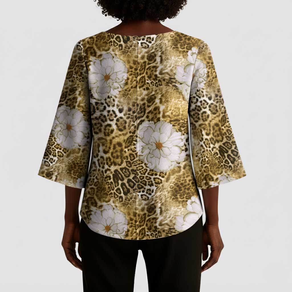 African Leopard Floral Pattern Kimono Sleeve Blouse Savannah Gold