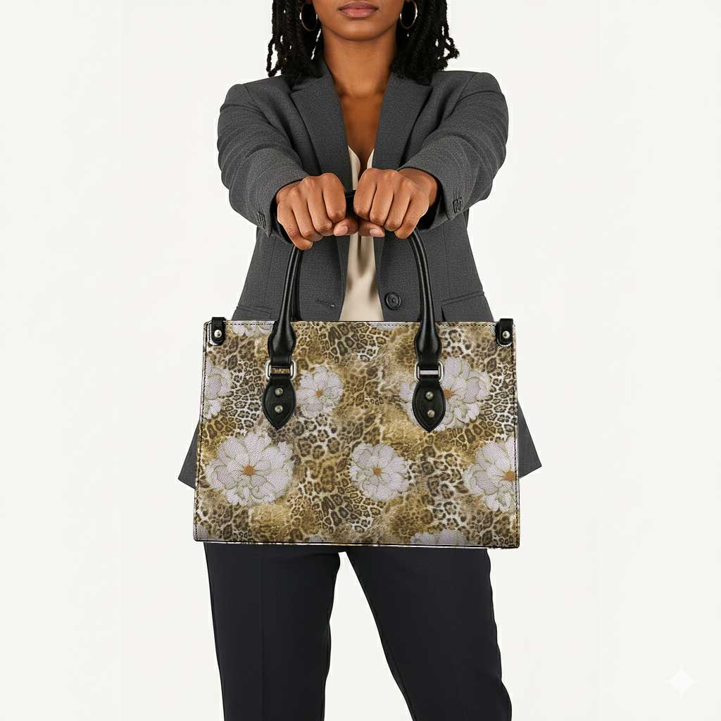African Leopard Floral Pattern Leather Bag Savannah Gold