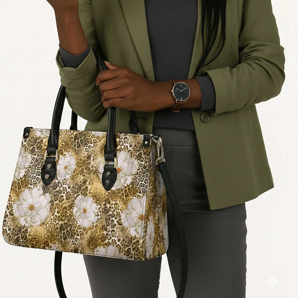 African Leopard Floral Pattern Leather Bag Savannah Gold