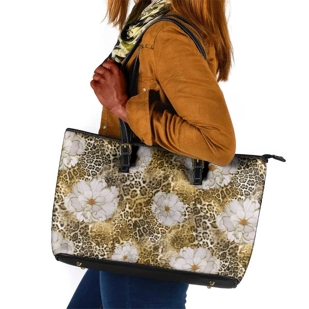 African Leopard Floral Pattern Leather Tote Bag Savannah Gold