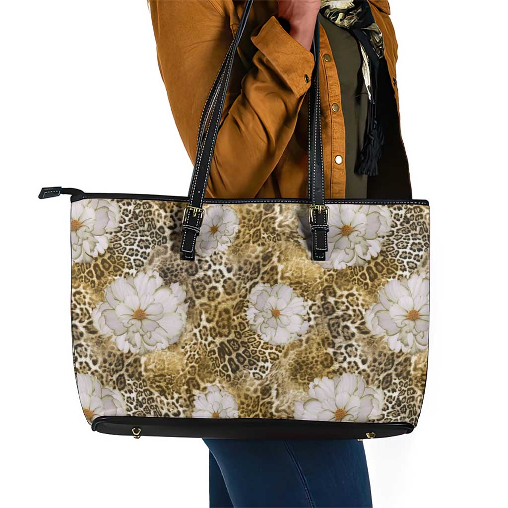 African Leopard Floral Pattern Leather Tote Bag Savannah Gold