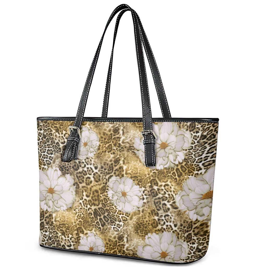 African Leopard Floral Pattern Leather Tote Bag Savannah Gold