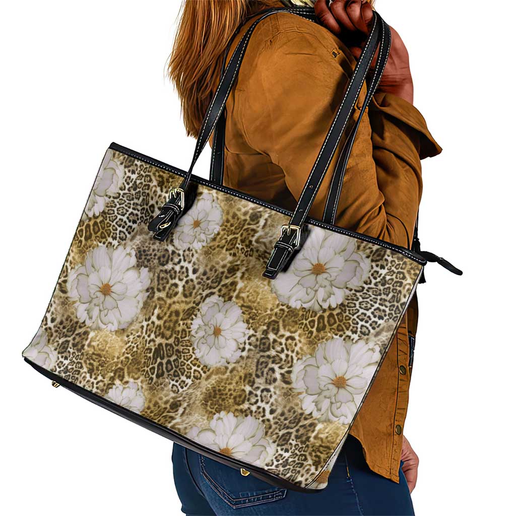 African Leopard Floral Pattern Leather Tote Bag Savannah Gold