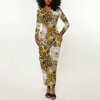 African Leopard Floral Pattern Long Sleeve Bodycon Dress Savannah Gold
