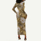 African Leopard Floral Pattern Long Sleeve Bodycon Dress Savannah Gold