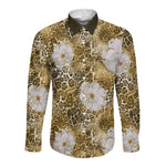 African Leopard Floral Pattern Long Sleeve Button Shirt Savannah Gold