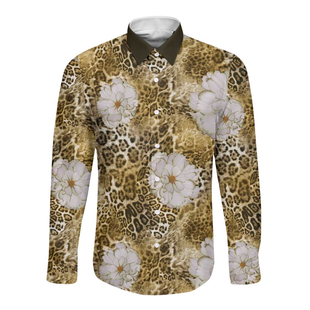 African Leopard Floral Pattern Long Sleeve Button Shirt Savannah Gold