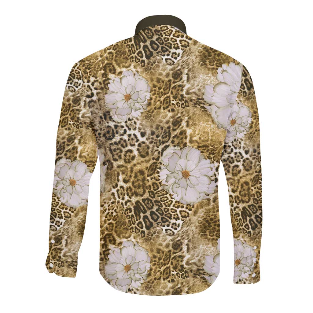 African Leopard Floral Pattern Long Sleeve Button Shirt Savannah Gold