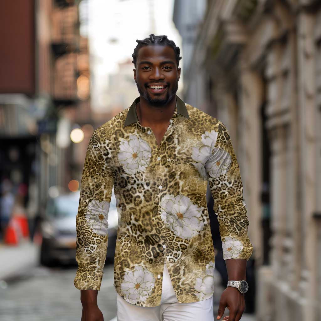African Leopard Floral Pattern Long Sleeve Button Shirt Savannah Gold