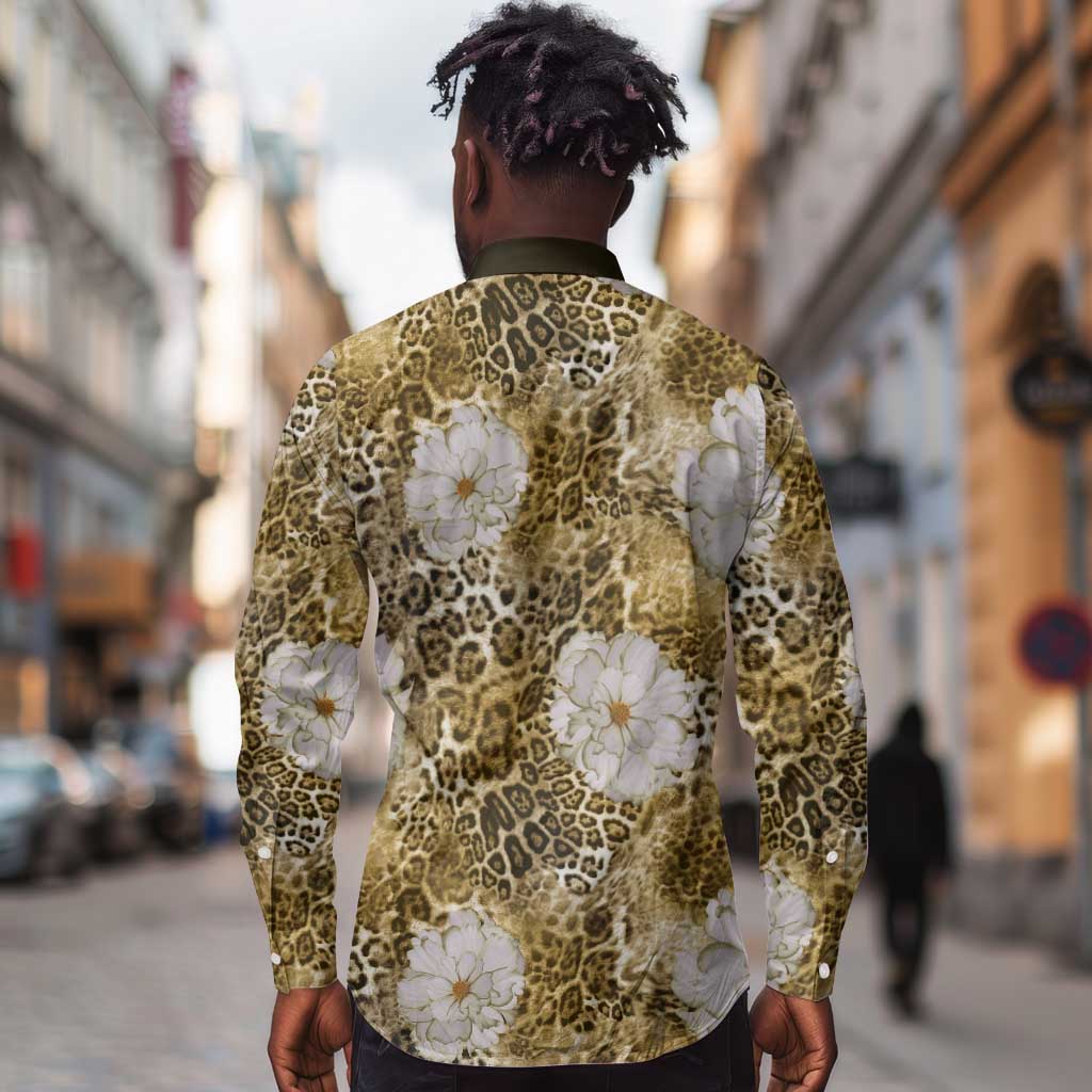 African Leopard Floral Pattern Long Sleeve Button Shirt Savannah Gold