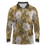 African Leopard Floral Pattern Long Sleeve Polo Shirt Savannah Gold