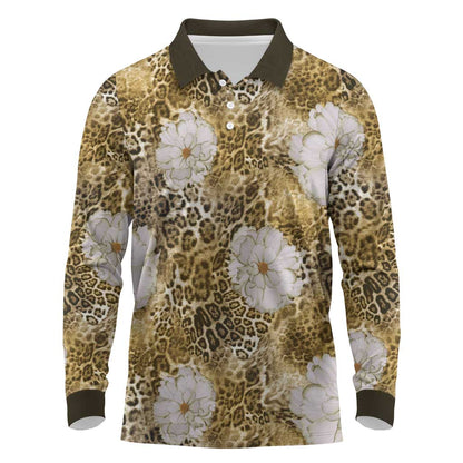 African Leopard Floral Pattern Long Sleeve Polo Shirt Savannah Gold