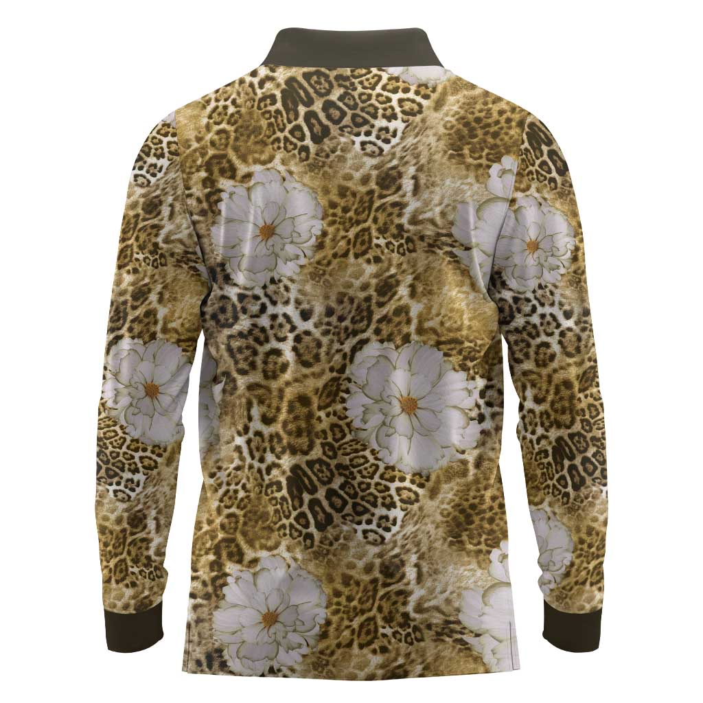 African Leopard Floral Pattern Long Sleeve Polo Shirt Savannah Gold