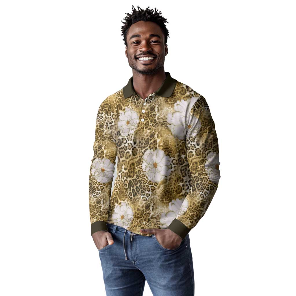 African Leopard Floral Pattern Long Sleeve Polo Shirt Savannah Gold