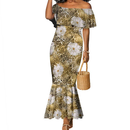 African Leopard Floral Pattern Mermaid Dress Savannah Gold