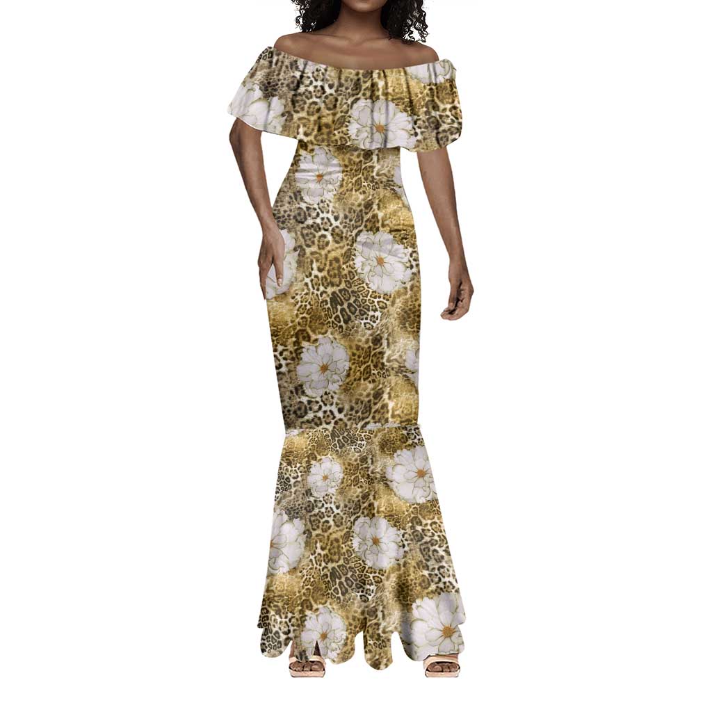 African Leopard Floral Pattern Mermaid Dress Savannah Gold