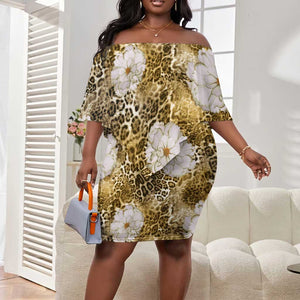 African Leopard Floral Pattern Off Shoulder Short Dress Savannah Gold