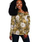 African Leopard Floral Pattern Off Shoulder Sweater Savannah Gold