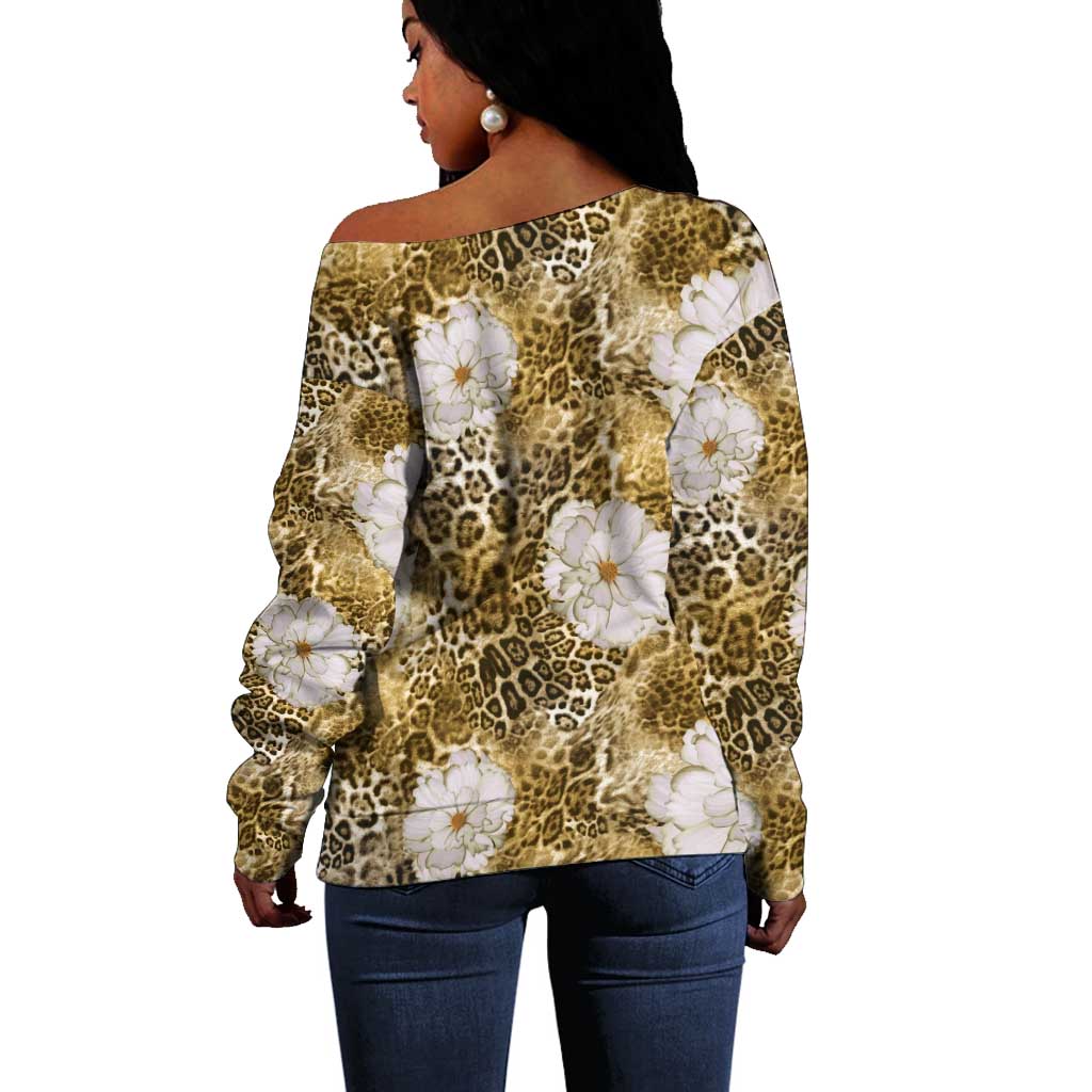 African Leopard Floral Pattern Off Shoulder Sweater Savannah Gold