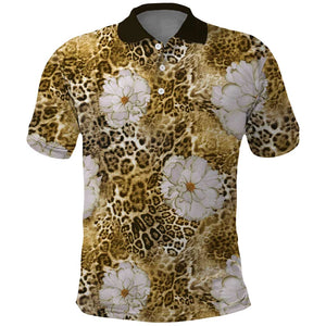 African Leopard Floral Pattern Polo Shirt Savannah Gold