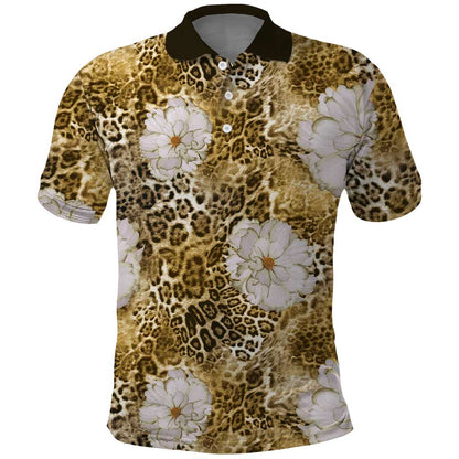 African Leopard Floral Pattern Polo Shirt Savannah Gold