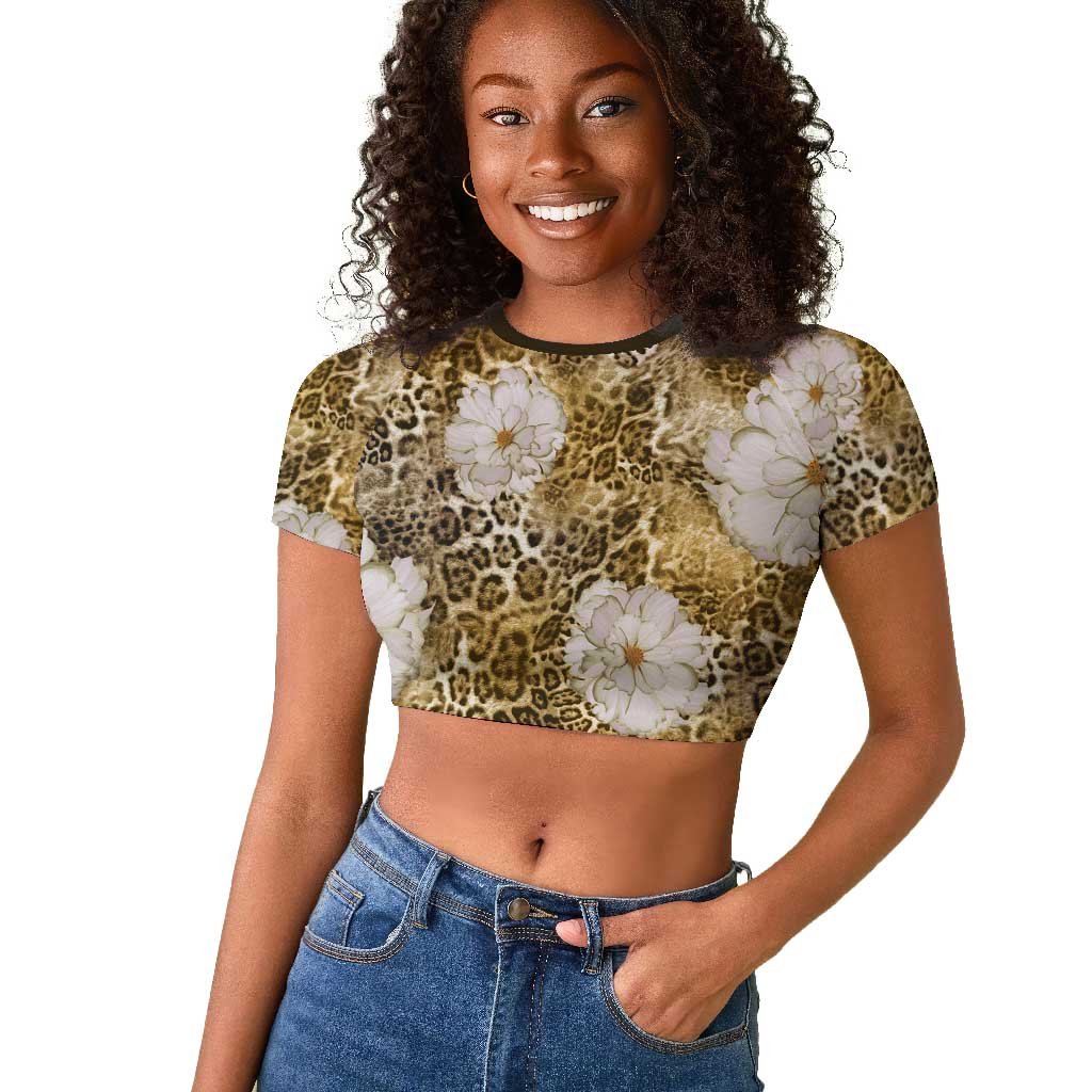 African Leopard Floral Pattern Raglan Cropped T shirt Savannah Gold