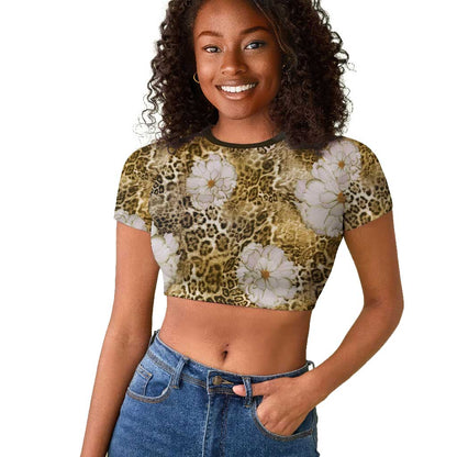 African Leopard Floral Pattern Raglan Cropped T shirt Savannah Gold