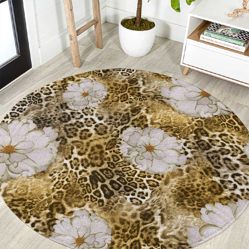 African Leopard Floral Pattern Round Carpet Savannah Gold