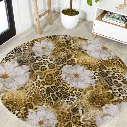 African Leopard Floral Pattern Round Carpet Savannah Gold