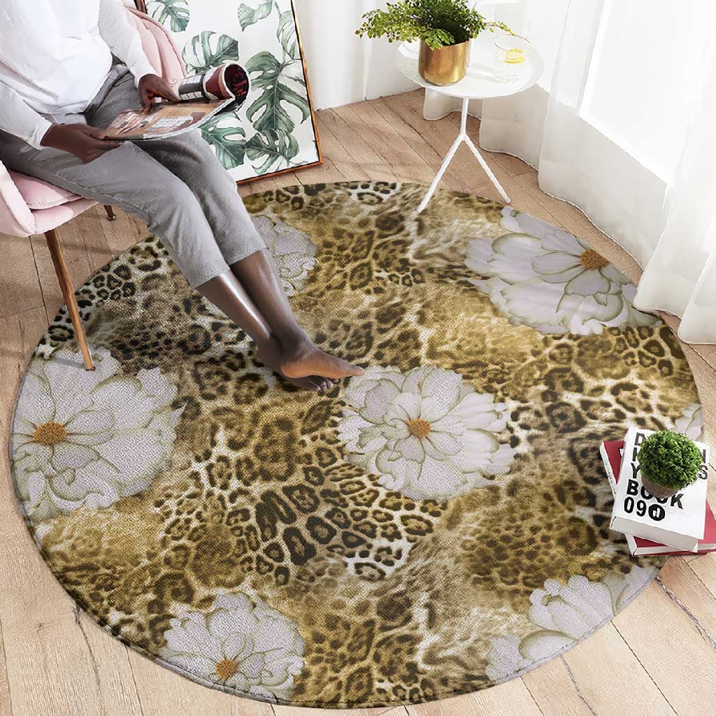 African Leopard Floral Pattern Round Carpet Savannah Gold