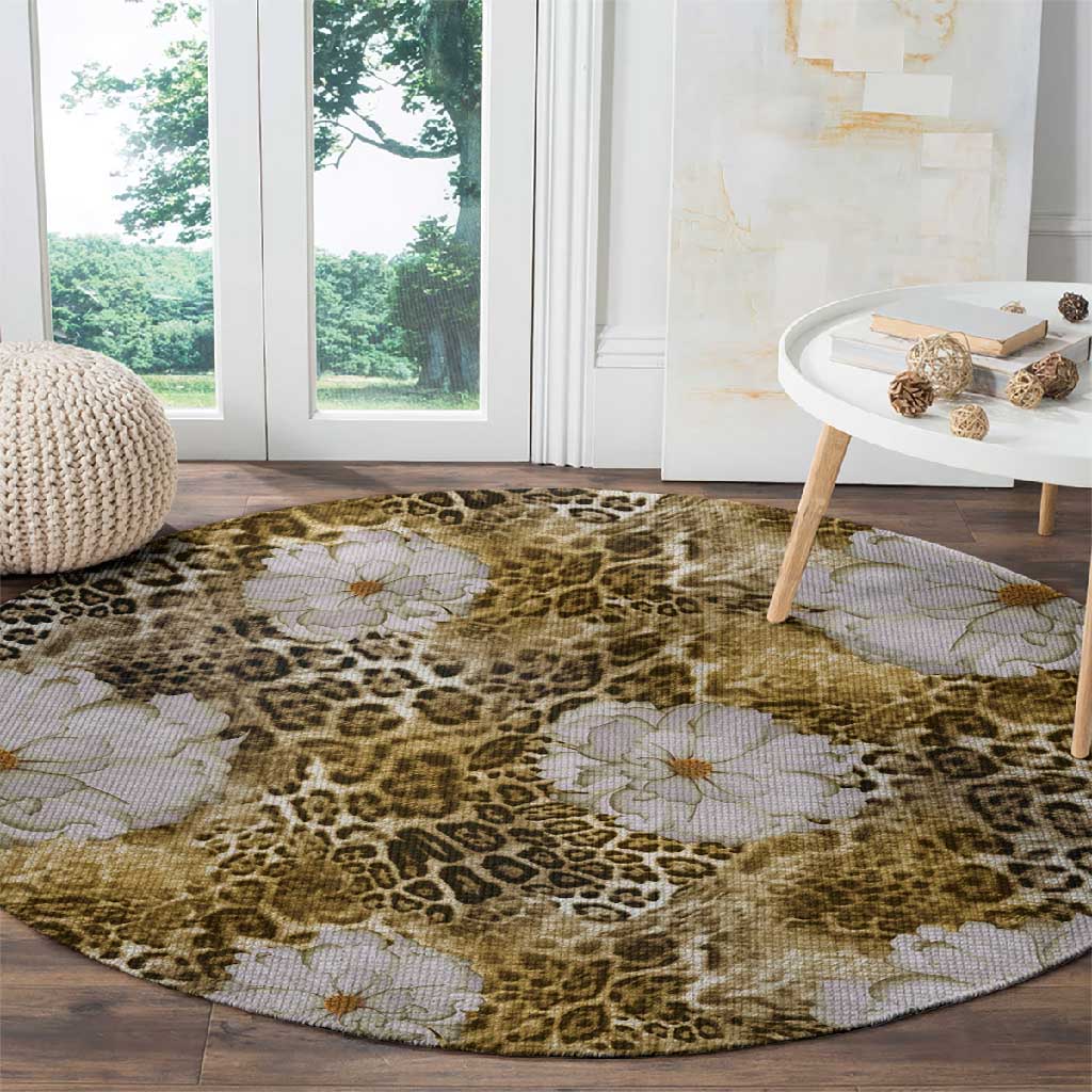 African Leopard Floral Pattern Round Carpet Savannah Gold
