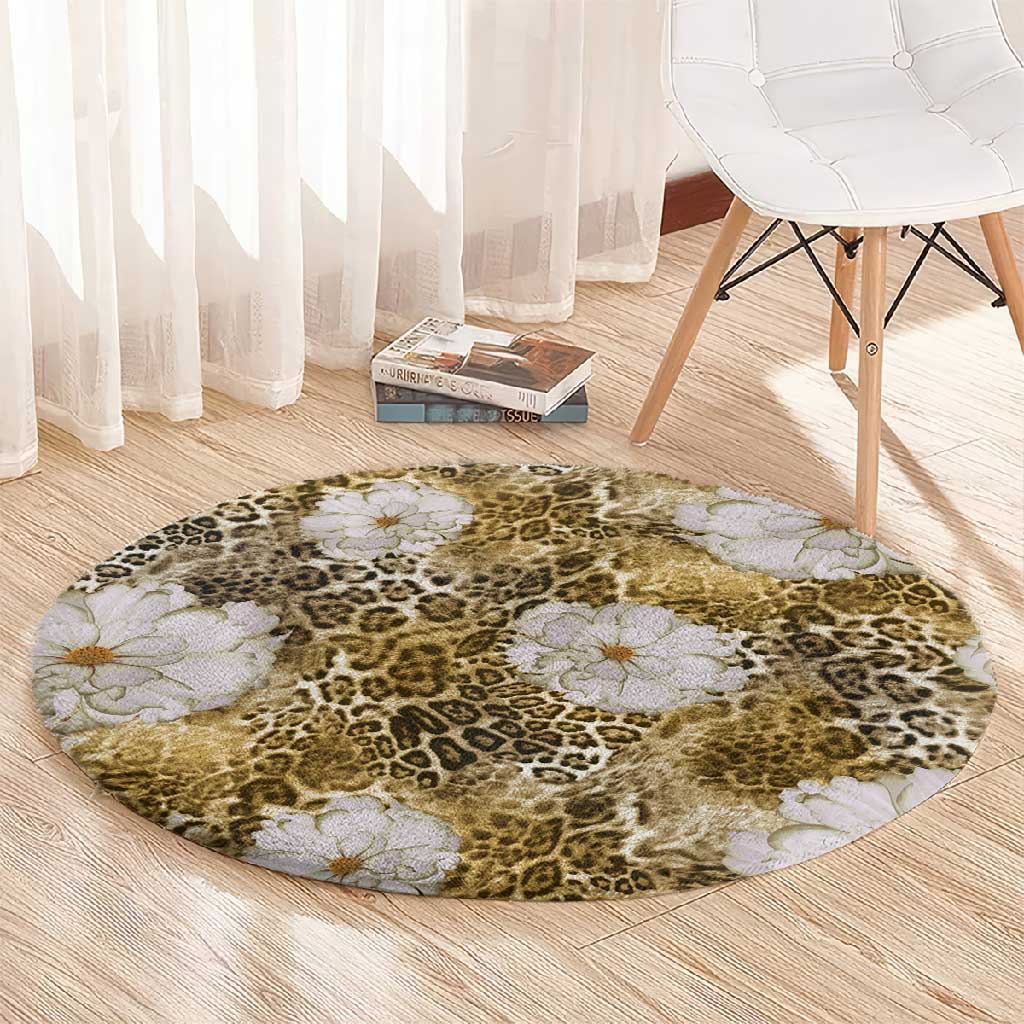 African Leopard Floral Pattern Round Carpet Savannah Gold